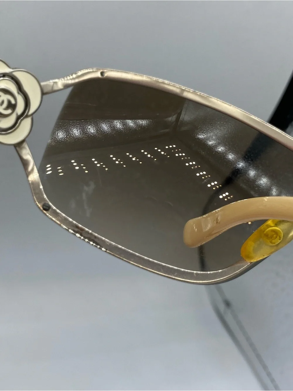 CHANEL Brown Gradient Shield Sunglasses with Gold Camellia Accents